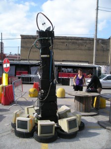 Cool broken-computer art piece in the courtyard