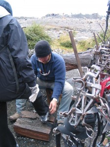 Getting fitted for crampons