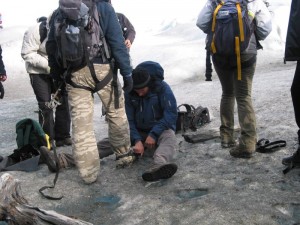 Affixing crampons